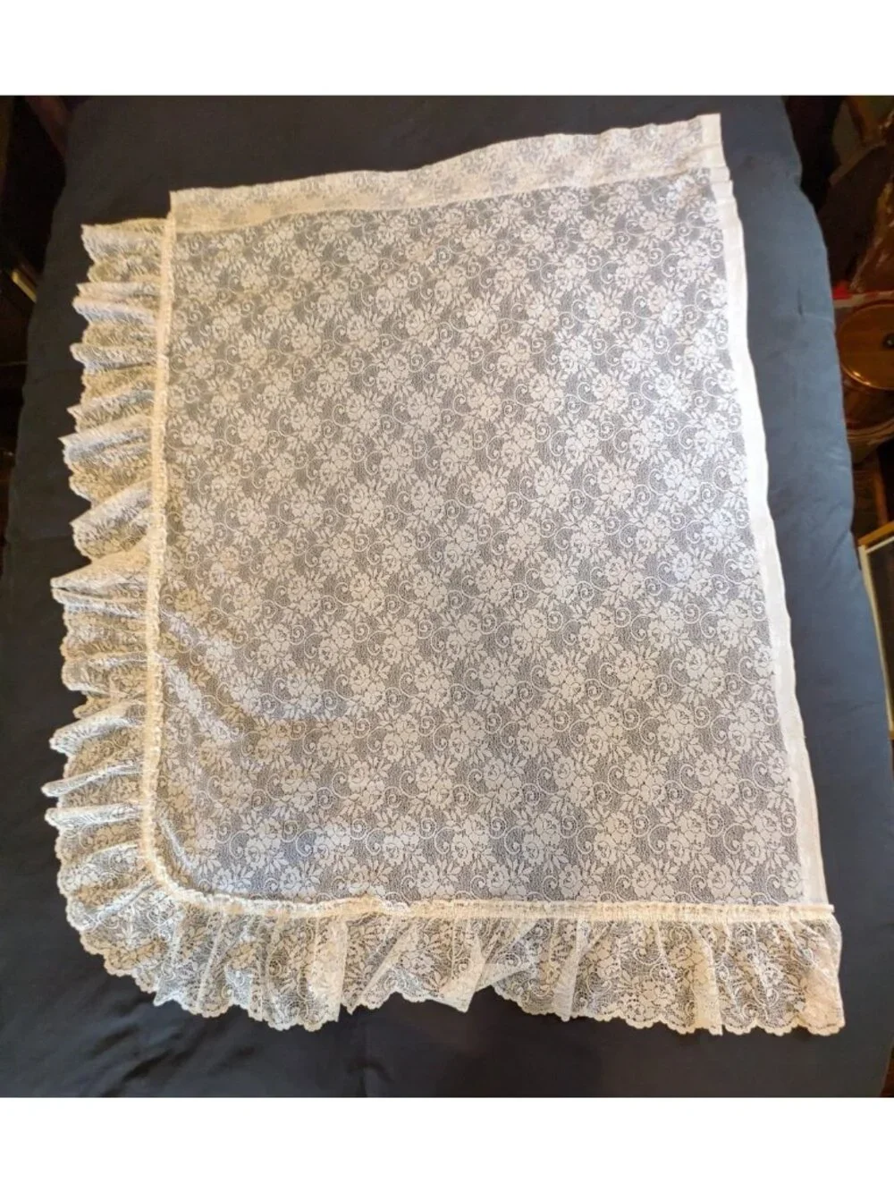 Vintage Lace Curtain Panels Set of 2 White Floral Ruffle Edge Boho Cottage 61